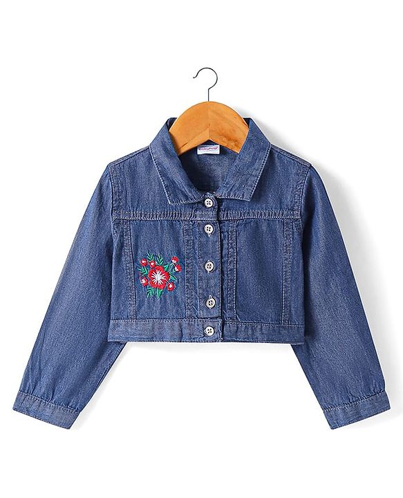 Babyhug Cotton Woven Checkered Frock With Full Sleeves Jacket & Floral Embroidery - Blue