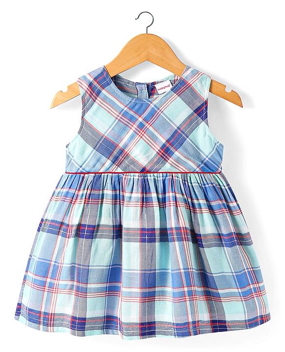 Babyhug Cotton Woven Checkered Frock With Full Sleeves Jacket & Floral Embroidery - Blue