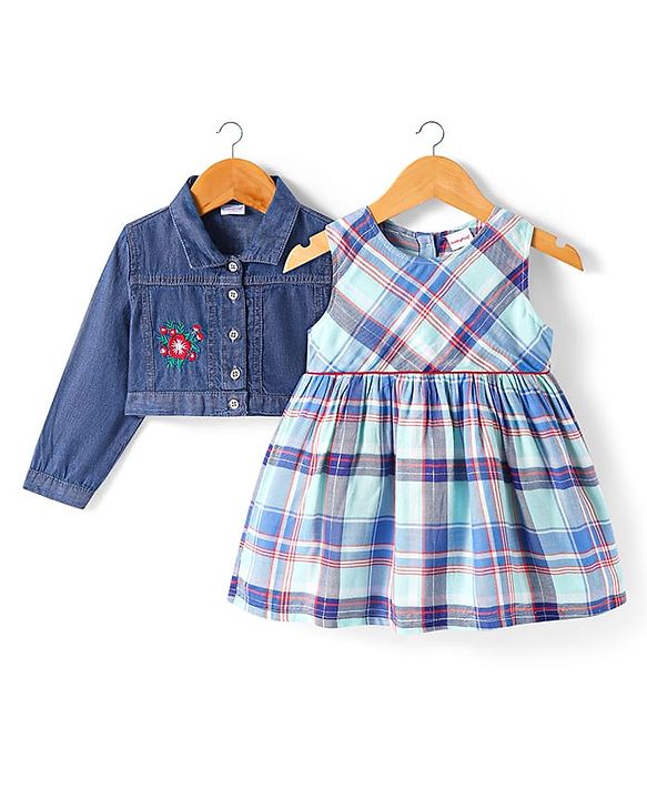 Babyhug Cotton Woven Checkered Frock With Full Sleeves Jacket & Floral Embroidery - Blue