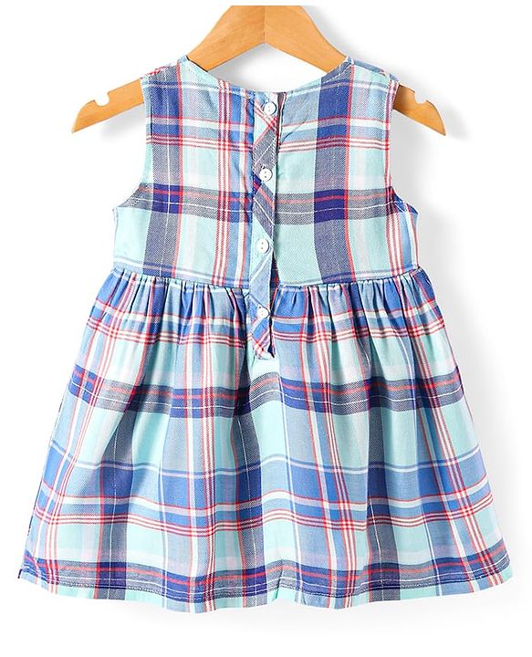 Babyhug Cotton Woven Checkered Frock With Full Sleeves Jacket & Floral Embroidery - Blue