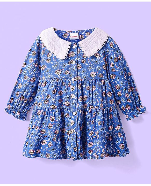 Babyhug Cotton Woven Full Sleeves Peter Pan Collard Front Open Frock with Floral Print  - Blue