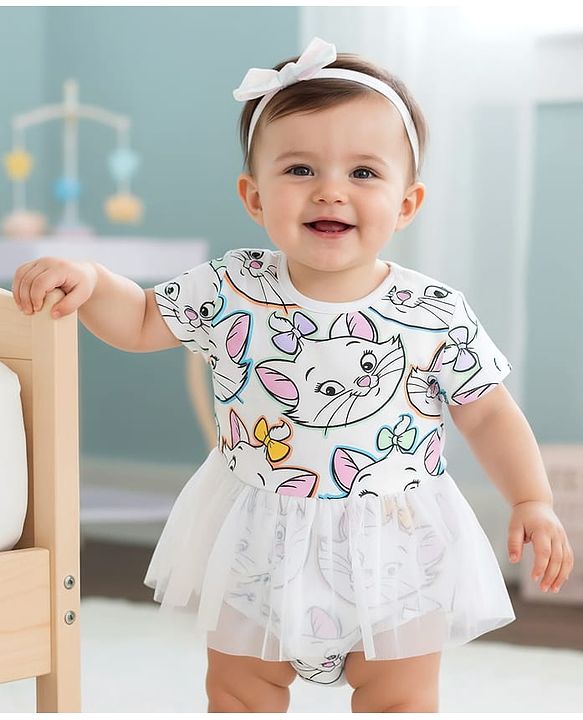Babyhug Disney Interlock Knit Half Sleeves Frock Style Onesie with Aristocats Marie Print &  Mesh Skirt Detailing- White