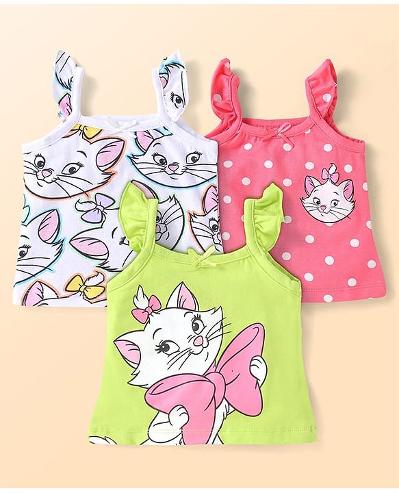 Babyhug Disney Interlock Knit Frill Sleeves Slips With Marie Graphics Pack Of 3 - White Pink