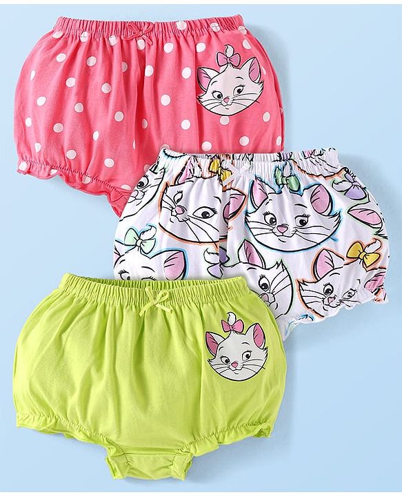 Babyhug Disney Cotton Knit Bloomers with Aristocats Marie Graphics Pack of 3 - Pink White & Light Green