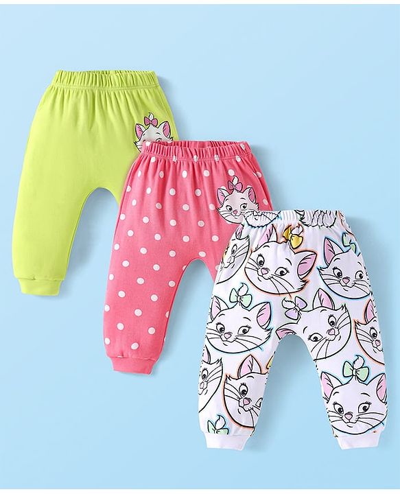 Babyhug Disney Interlock Knit Full Length Diaper Leggings with Polka Dots & Marie Print Pack of 3 - Dark Pink Green & White