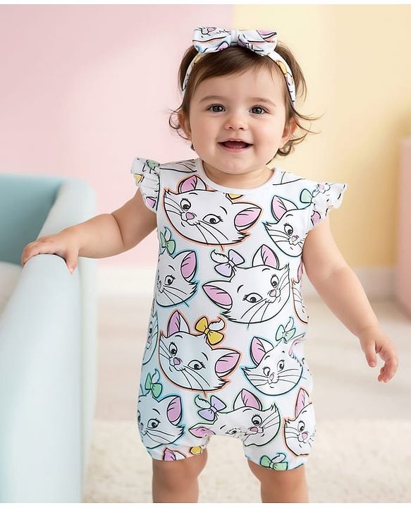Babyhug Disney Interlock Knit Frill Sleeves Romper With Aristocats Marie Graphics & Headband - White