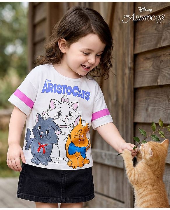 Babyhug Disney Single Jersey Knit Half Drop Shoulder Sleeves Oversized T-Shirt with Aristocats Marie Graphics - White