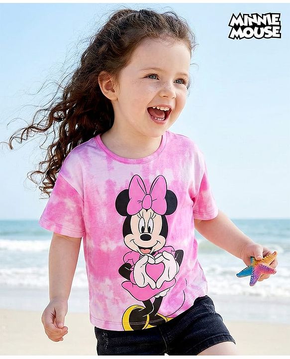 Babyhug Disney Single Jersey Knit Oversize Drop Shoulder Tie Dye T-Shirt With Minnie Mouse Graphic - Pink