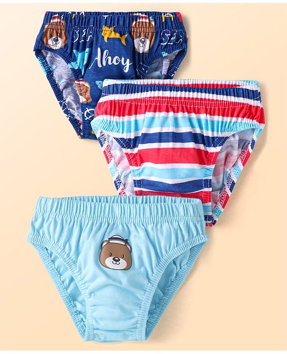 Babyhug Single Jersey Anti-Bacterial Briefs with Stripes & Placement Print Pack of 3 - Light Blue & Navy Blue