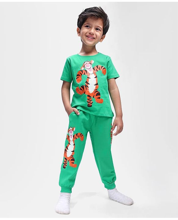 Babyhug Disney Single Jersey Knit Half Sleeves T-Shirt &  Lounge Pants With Tigger Graphics - Green