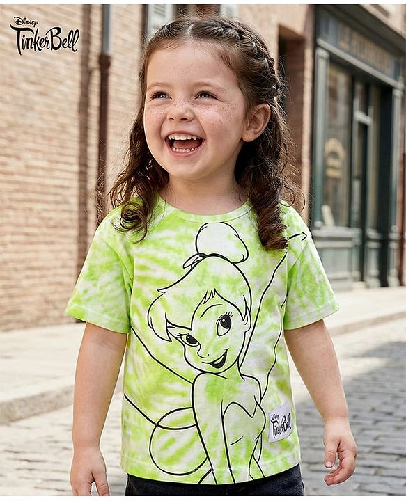 Babyhug Disney Cotton Knit Half Drop Shoulder Sleeves Oversized T-Shirt with Tinker Bell Graphics - Light Green
