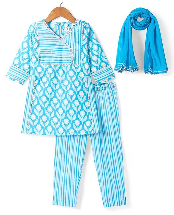 Babyhug Woven Three Fourth Sleeves Cambric Floral Printed Kurti Palazzo & Dupatta Set - Light Blue