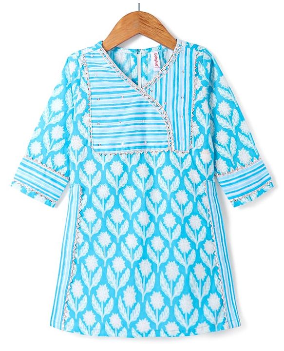 Babyhug Woven Three Fourth Sleeves Cambric Floral Printed Kurti Palazzo & Dupatta Set - Light Blue