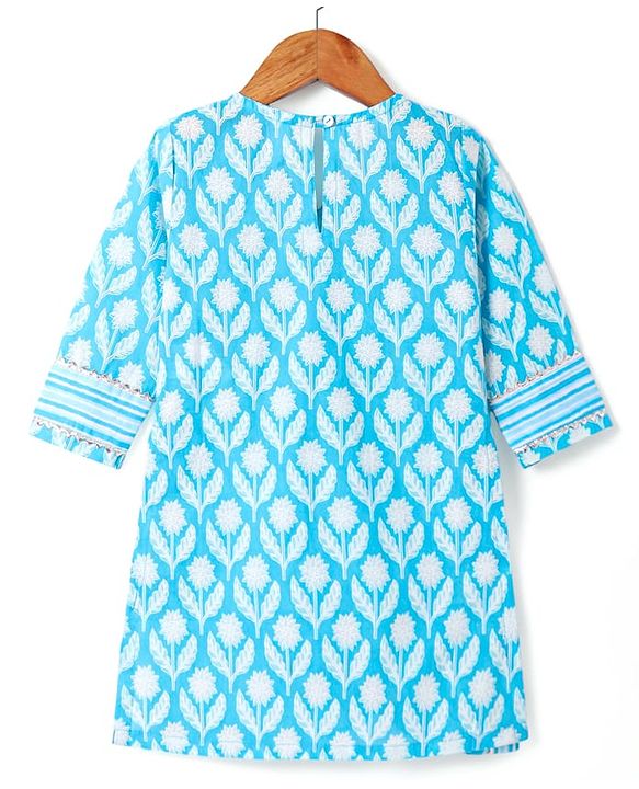 Babyhug Woven Three Fourth Sleeves Cambric Floral Printed Kurti Palazzo & Dupatta Set - Light Blue