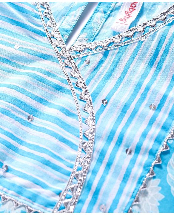 Babyhug Woven Three Fourth Sleeves Cambric Floral Printed Kurti Palazzo & Dupatta Set - Light Blue