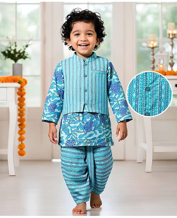 Babyhug Full Sleeves Dhoti Kurta With Floral Print & Jacket Set - Blue
