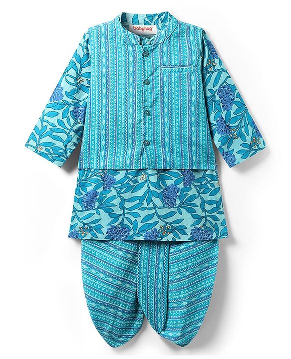 Babyhug Full Sleeves Dhoti Kurta With Floral Print & Jacket Set - Blue
