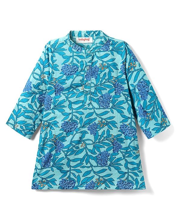 Babyhug Full Sleeves Dhoti Kurta With Floral Print & Jacket Set - Blue