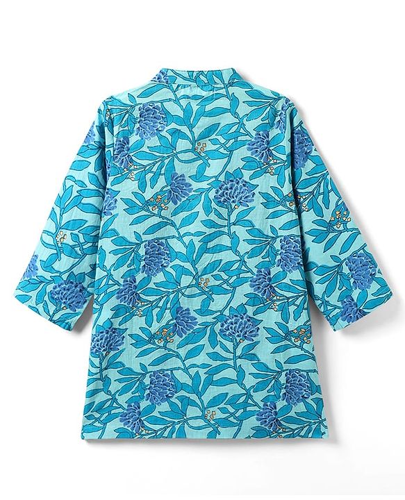 Babyhug Full Sleeves Dhoti Kurta With Floral Print & Jacket Set - Blue
