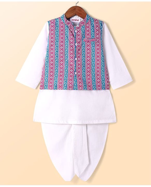 Babyhug Cotton Cambric Full Sleeves Solid Colour Kurta & Dhoti Set with Floral Printed Jacket - White & Purple