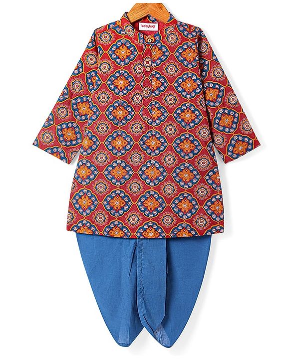 Babyhug Cotton Woven Full Sleeves Printed Kurta & Dhoti Set with Floral Print - Maroon