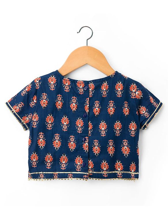 Babyhug Cambric Woven Half Sleeves Choli Lehenga with Dupatta & Floral Print - Navy Blue