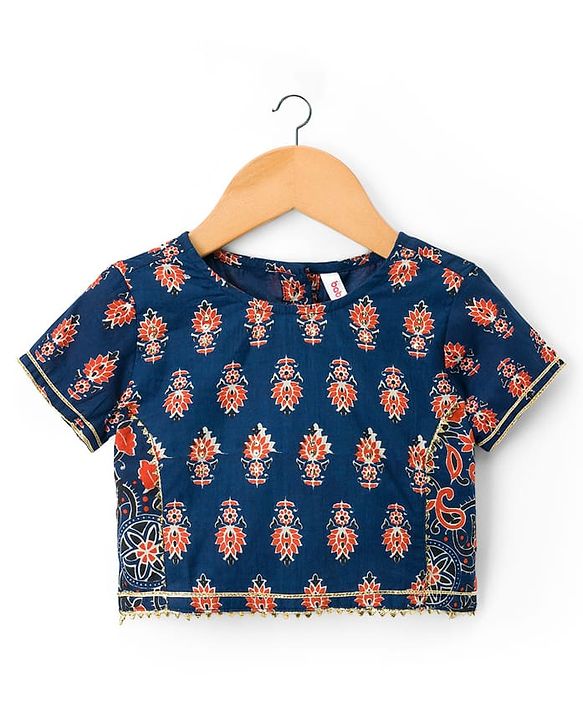 Babyhug Cambric Woven Half Sleeves Choli Lehenga with Dupatta & Floral Print - Navy Blue