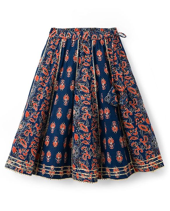 Babyhug Cambric Woven Half Sleeves Choli Lehenga with Dupatta & Floral Print - Navy Blue
