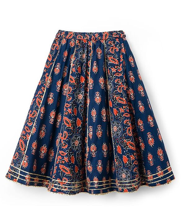 Babyhug Cambric Woven Half Sleeves Choli Lehenga with Dupatta & Floral Print - Navy Blue