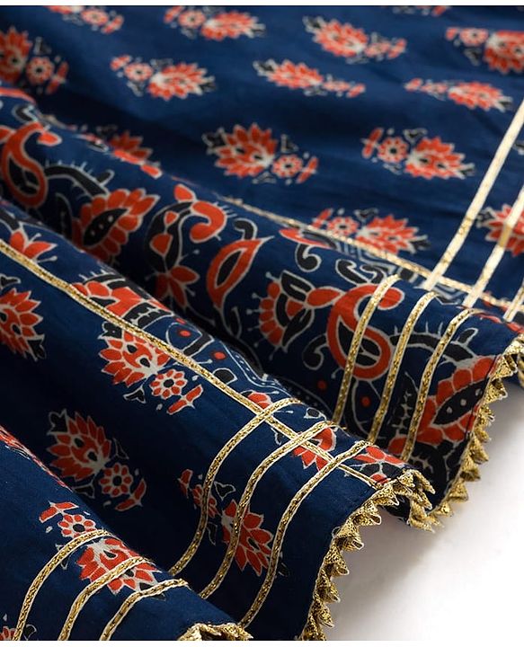 Babyhug Cambric Woven Half Sleeves Choli Lehenga with Dupatta & Floral Print - Navy Blue