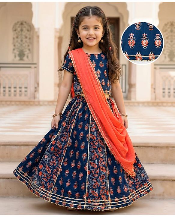 Babyhug Cambric Woven Half Sleeves Choli Lehenga with Dupatta & Floral Print - Navy Blue
