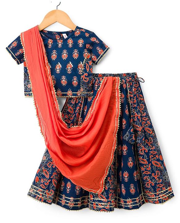 Babyhug Cambric Woven Half Sleeves Choli Lehenga with Dupatta & Floral Print - Navy Blue