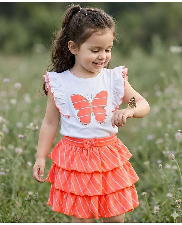 Babyhug Single Jersey Knit Frill Sleeves Top with Skirt & Butterfly Patch - White & Neon Orange