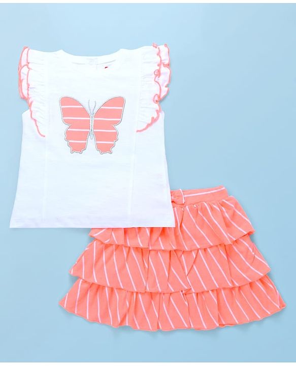 Babyhug Single Jersey Knit Frill Sleeves Top with Skirt & Butterfly Patch - White & Neon Orange