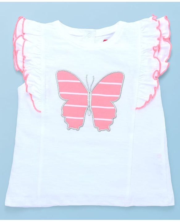 Babyhug Single Jersey Knit Frill Sleeves Top with Skirt & Butterfly Patch - White & Neon Orange