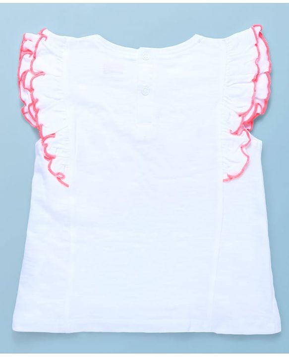 Babyhug Single Jersey Knit Frill Sleeves Top with Skirt & Butterfly Patch - White & Neon Orange