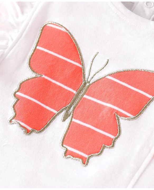 Babyhug Single Jersey Knit Frill Sleeves Top with Skirt & Butterfly Patch - White & Neon Orange