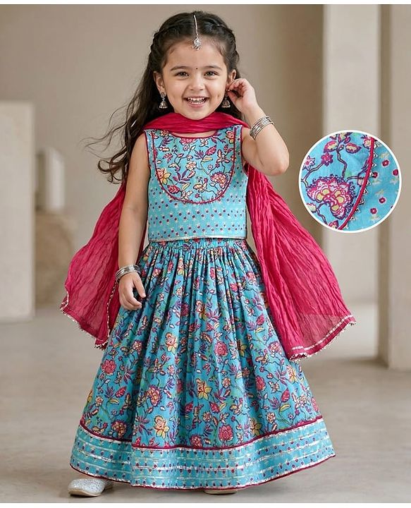 Babyhug Cotton Woven Sleeveless Cambric Printed Lehenga Choli & Dupatta Set - Light Blue