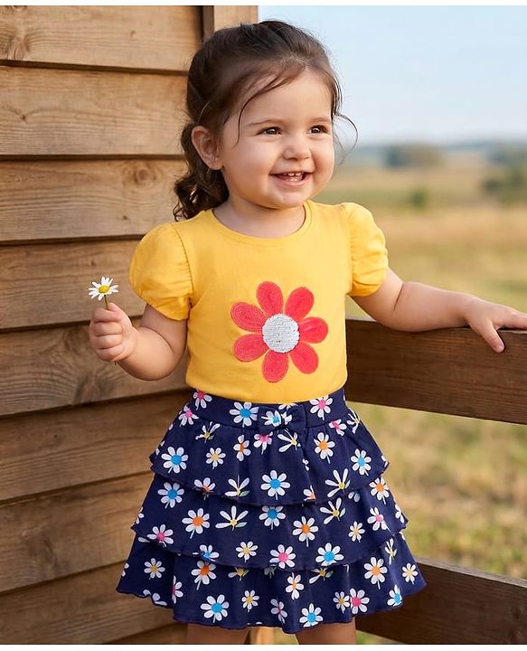 Babyhug Single Jersey Knit Puffed Sleeves Top & Skirt with Floral Print Sequin Detailing - Yellow & Navy Blue