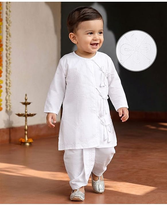 Babyhug Cotton Woven Full Sleeves Embroidered Angarakha Kurta Dhoti Set - White