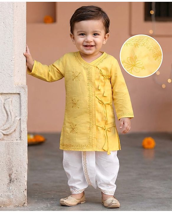 Babyhug Cotton Full Sleeves Embroidered Angarakha Kurta Dhoti Set - Yellow