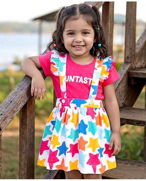 Babyhug Single Jersey Knit Cap Sleeves Top & Skirt Set with Text Star Print - Dark Pink
