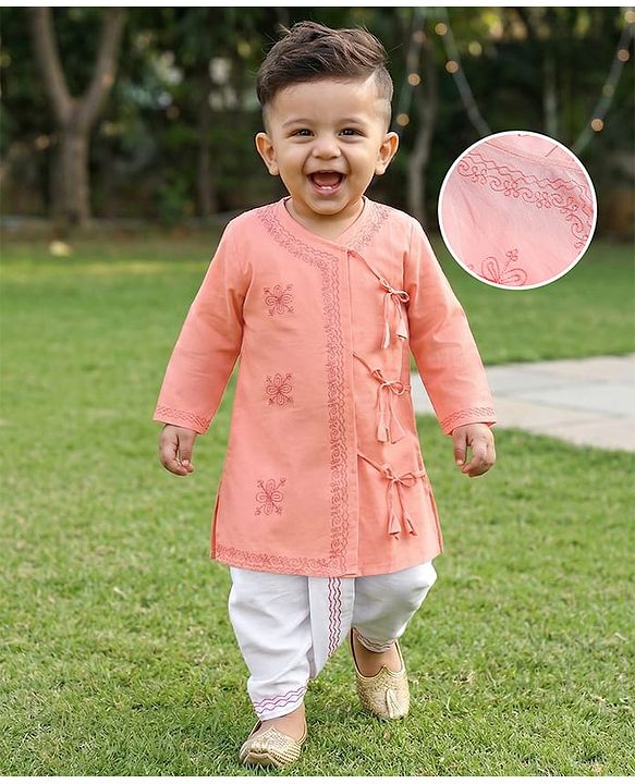 Babyhug Cotton Full Sleeves Embroidered Angarakha Kurta Dhoti Set - Coral