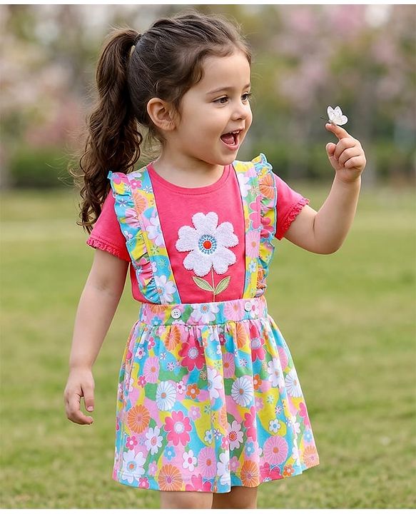 Babyhug Single Jersey Knit Half Sleeves Top & Skirt Set with Floral Embroidery & Frill Detailing - Pink
