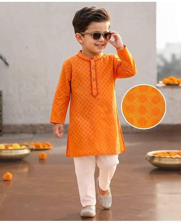 Babyhug Cotton Woven Cambric Dobby Full Sleeves Kurta Pyjama Set - Orange