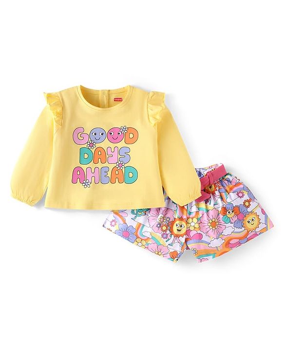 Babyhug Single Jersey Knit Full Peasant Sleeves Top & Shorts with Floral & Text Print - Yellow