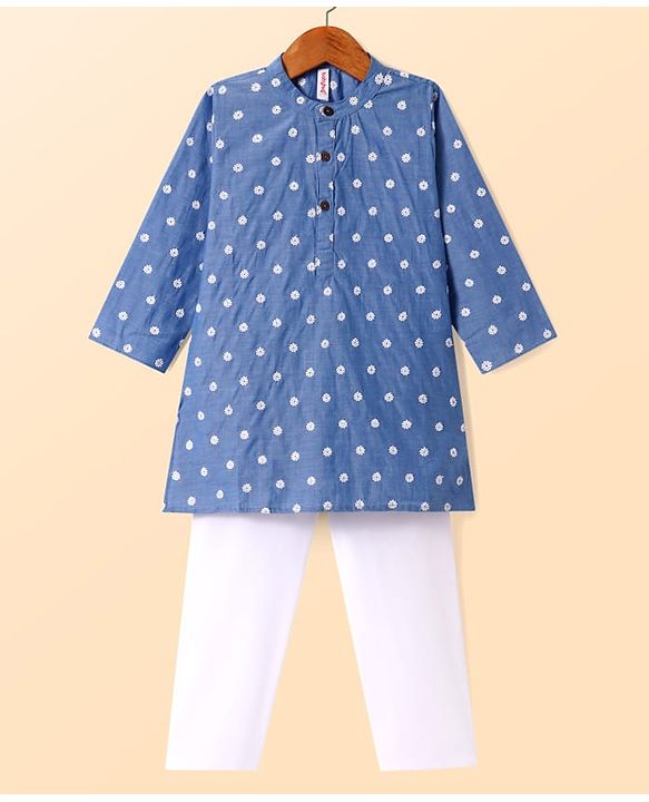 Babyhug Cotton Woven Cambric Full Sleeves Floral Embroidery Kurta Pyjama Set - Blue