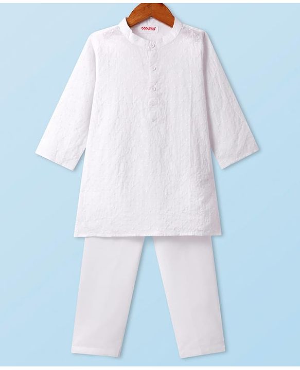 Babyhug Cotton Woven Cambric Schiffly Full Sleeves Kurta Pyjama Set - White