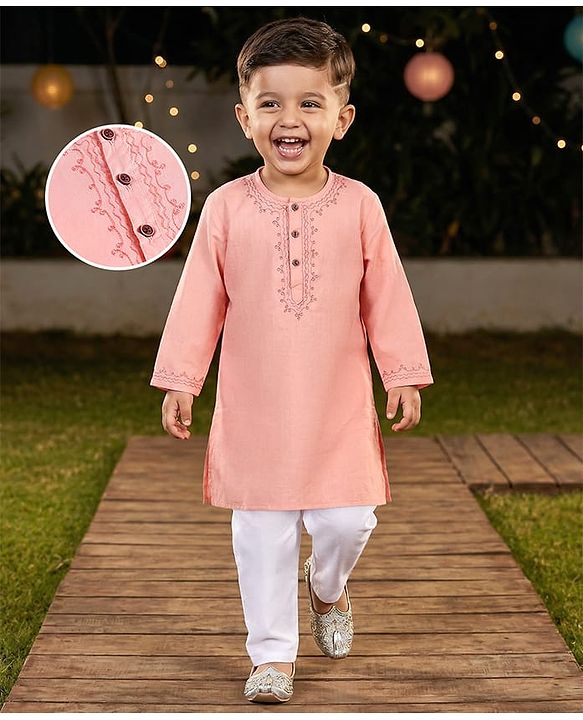 Babyhug Full Sleeves Cotton Woven Solid Kurta with Embriodery and Payjama Set - Coral