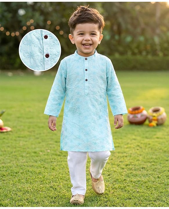 Babyhug Cotton Woven Cambric Schiffly Full Sleeves Kurta Pyjama Set - Light Blue